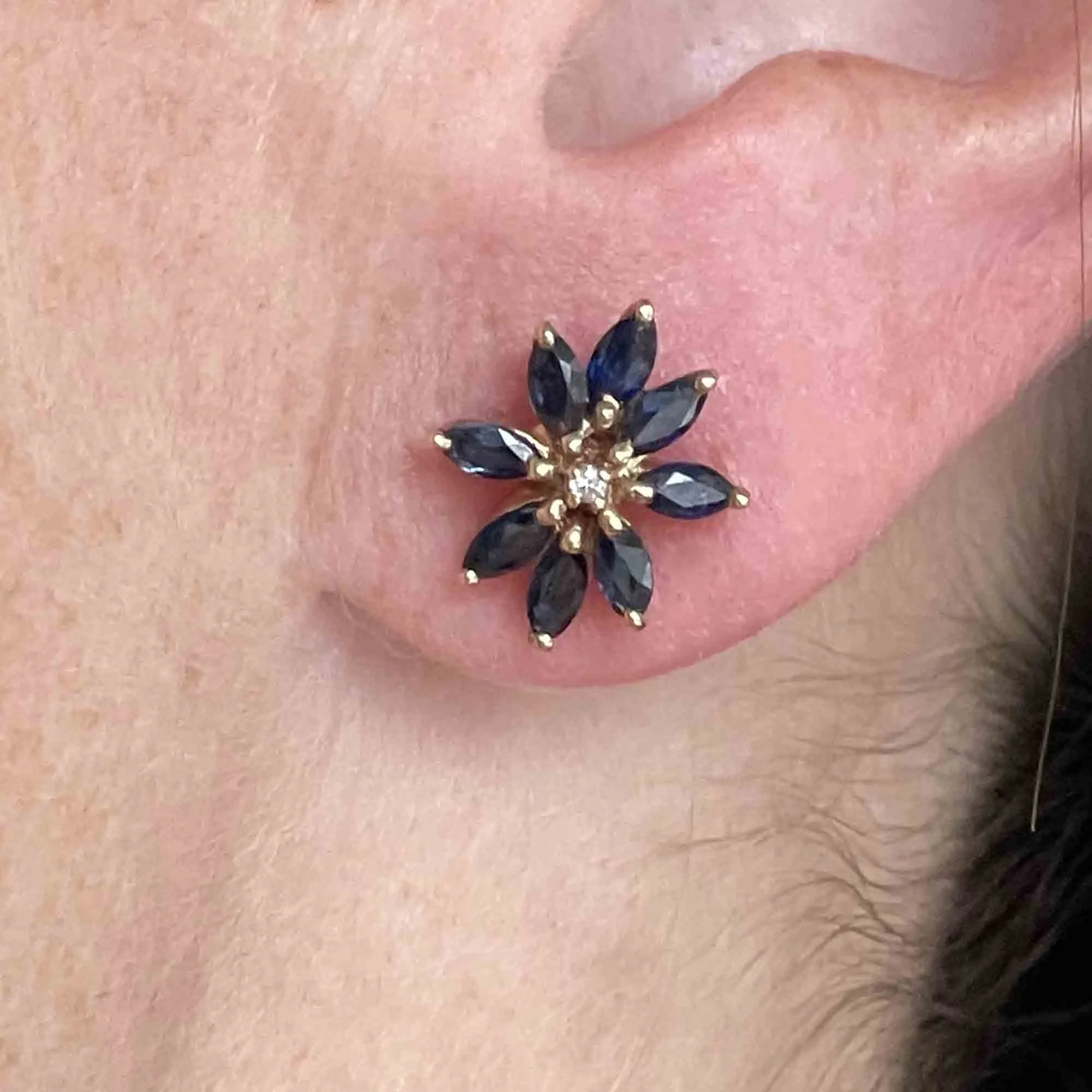 14K Gold Diamond Sapphire Floral Starburst Stud Earrings