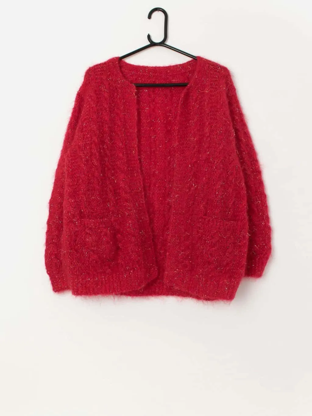 80s vintage handknitted fluffy sparkly red mohair cardigan – Medium