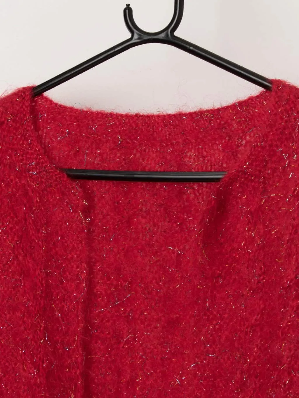 80s vintage handknitted fluffy sparkly red mohair cardigan – Medium