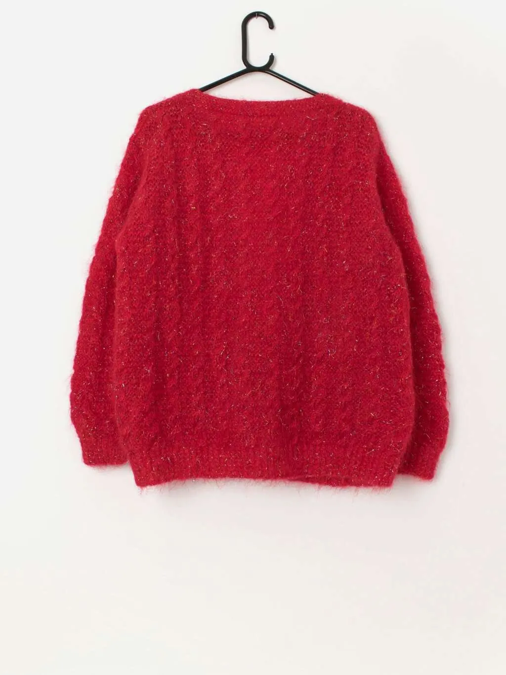 80s vintage handknitted fluffy sparkly red mohair cardigan – Medium