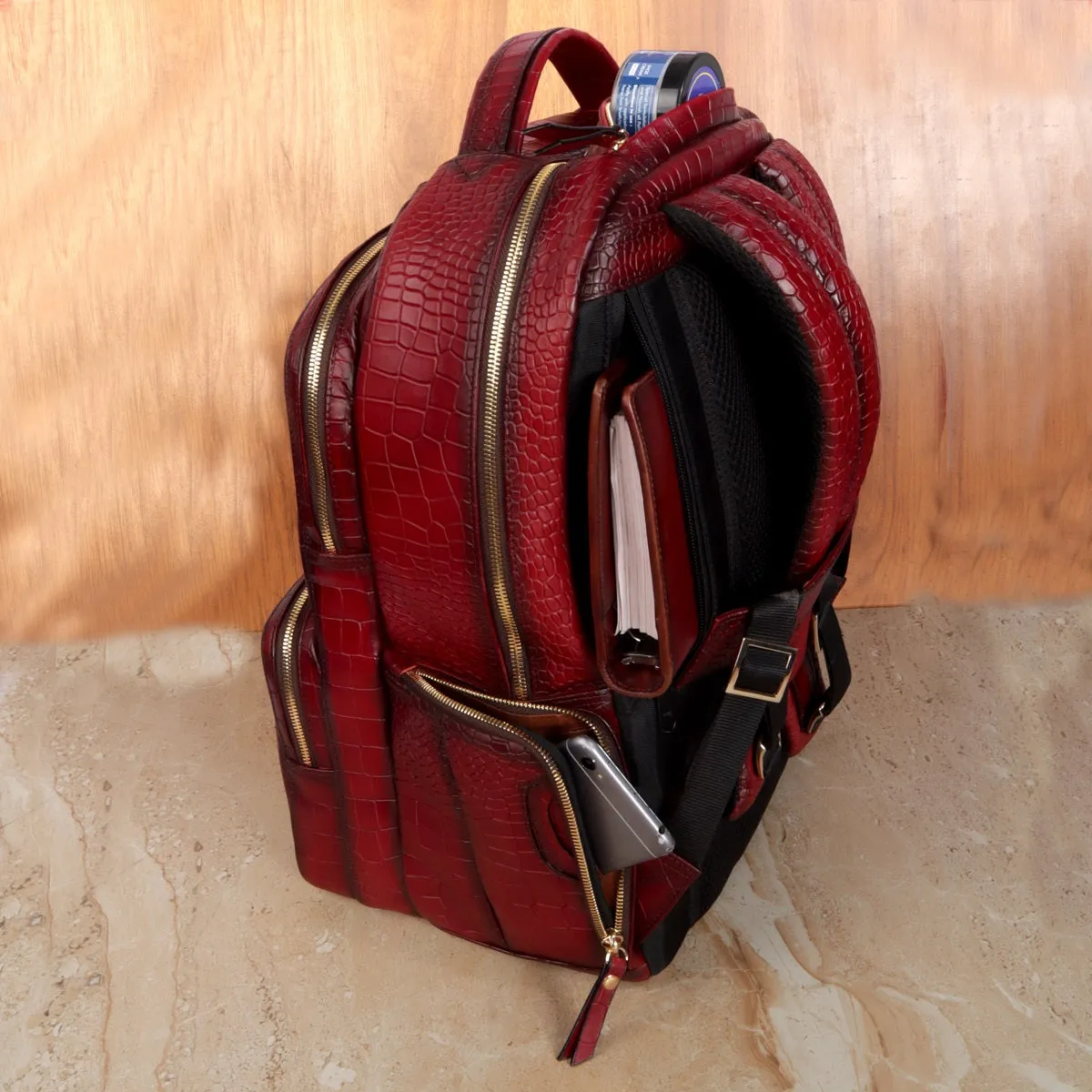 Backpack Wine Deep Cut Croco Textured Leather