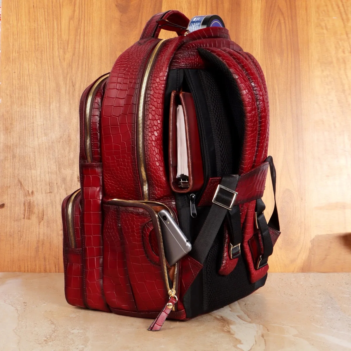 Backpack Wine Deep Cut Croco Textured Leather