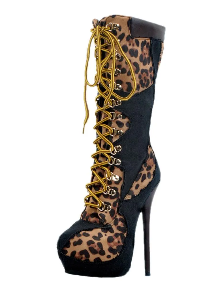 Black Sexy Boots Women's Platform Leopard Printed Lace Up High Heel Boots