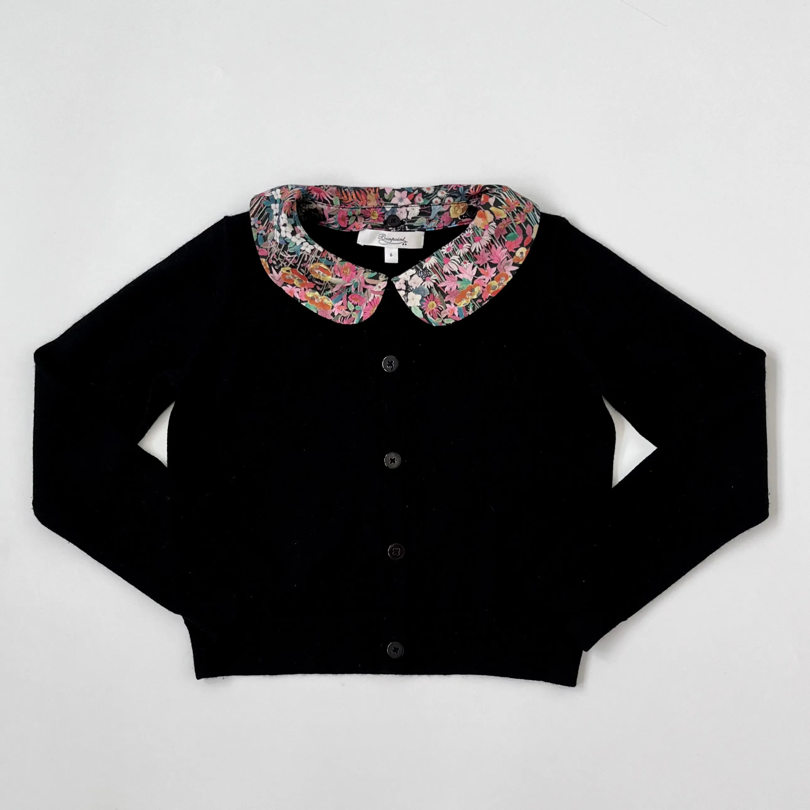 Bonpoint Black Wool Cardigan With Liberty Print Collar: 6 Years