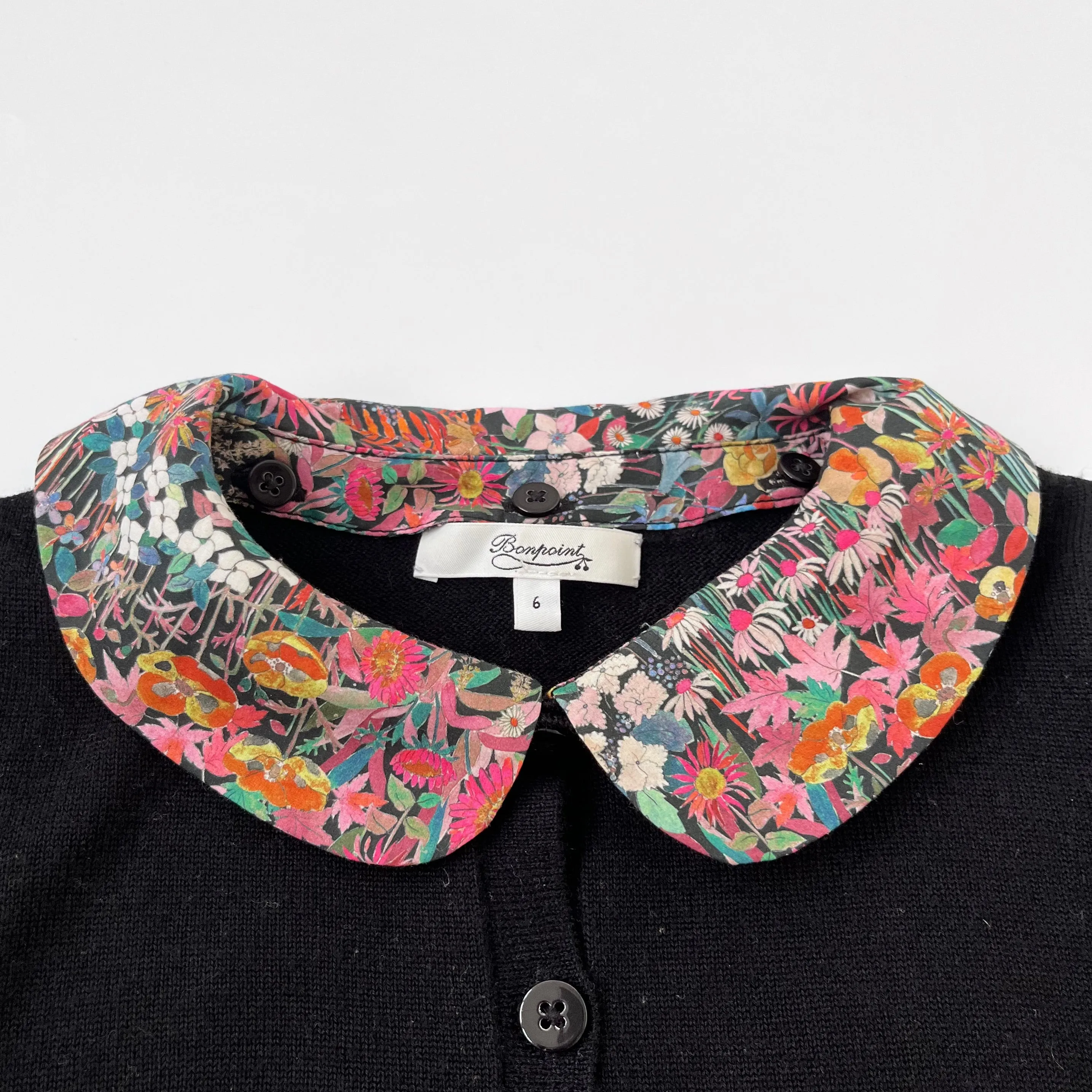 Bonpoint Black Wool Cardigan With Liberty Print Collar: 6 Years