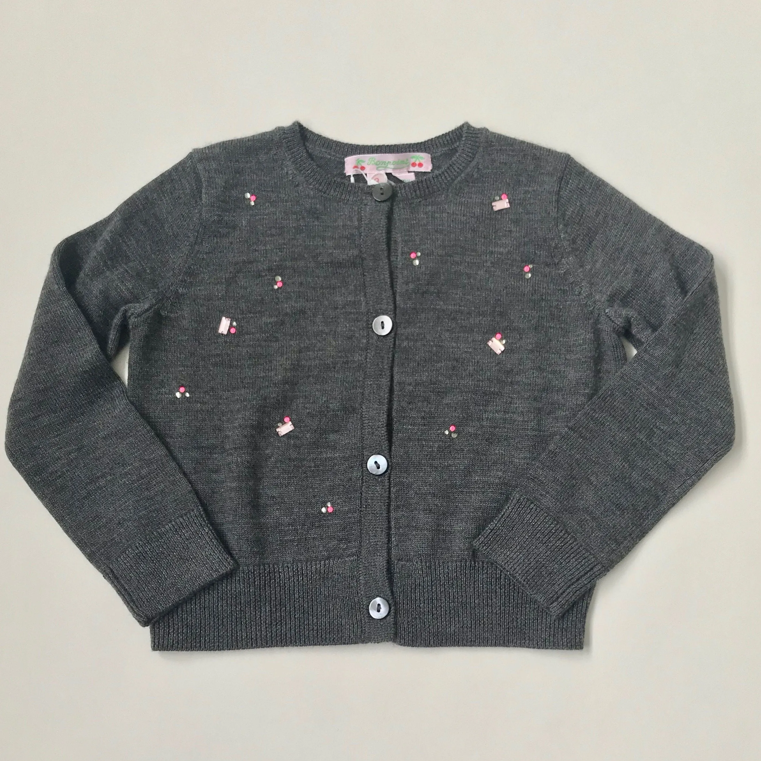 Bonpoint Grey Wool Cardigan With Pink Jewel Embellishments: 6 Years