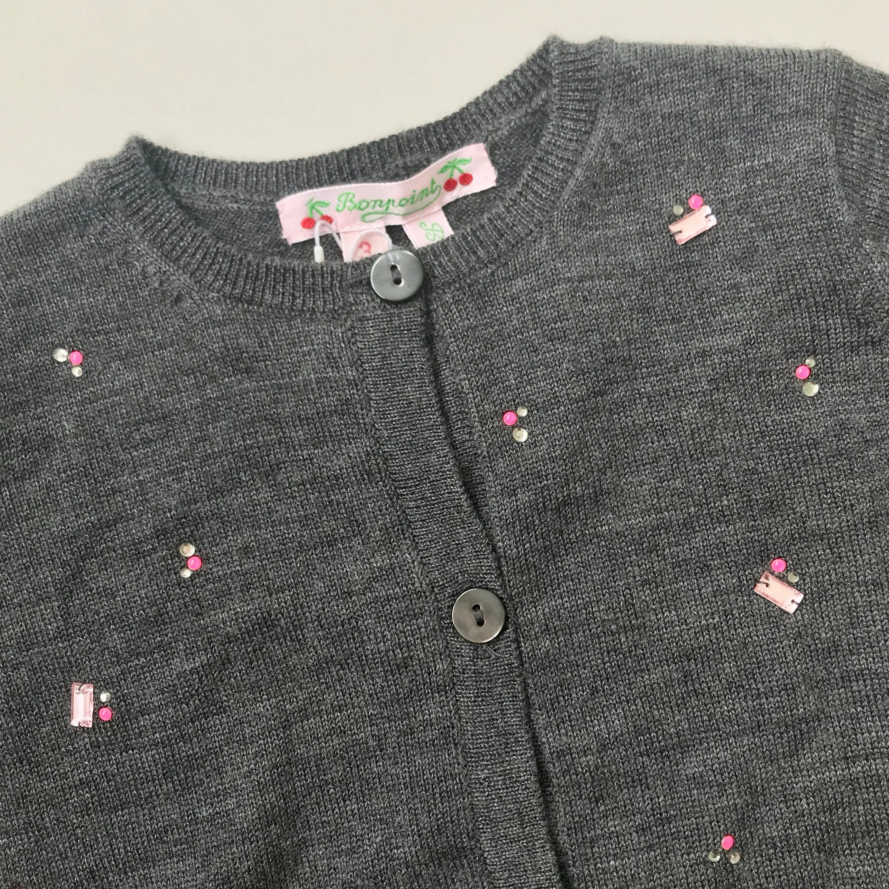 Bonpoint Grey Wool Cardigan With Pink Jewel Embellishments: 6 Years