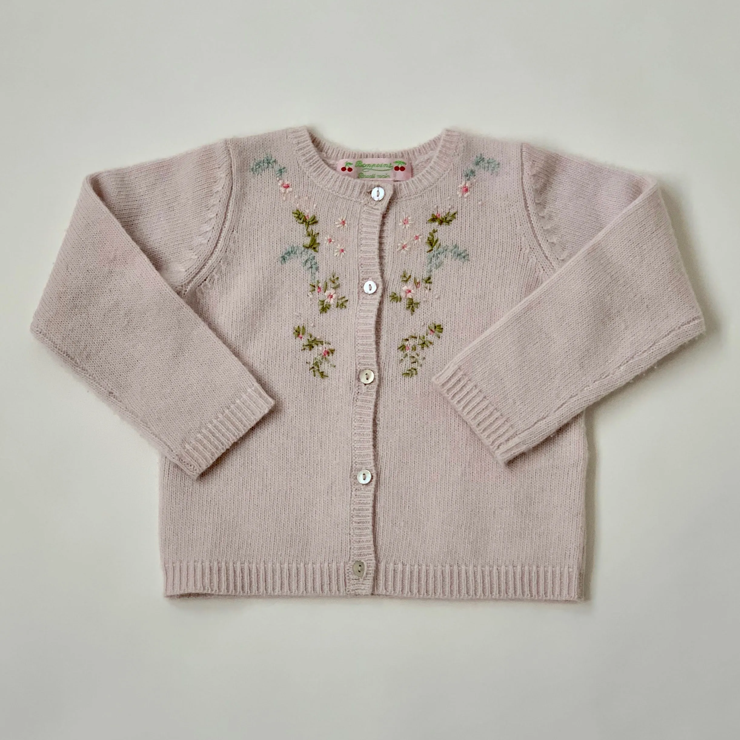 Bonpoint Pale Pink Wool Cardigan With Floral Motif: 12 Months