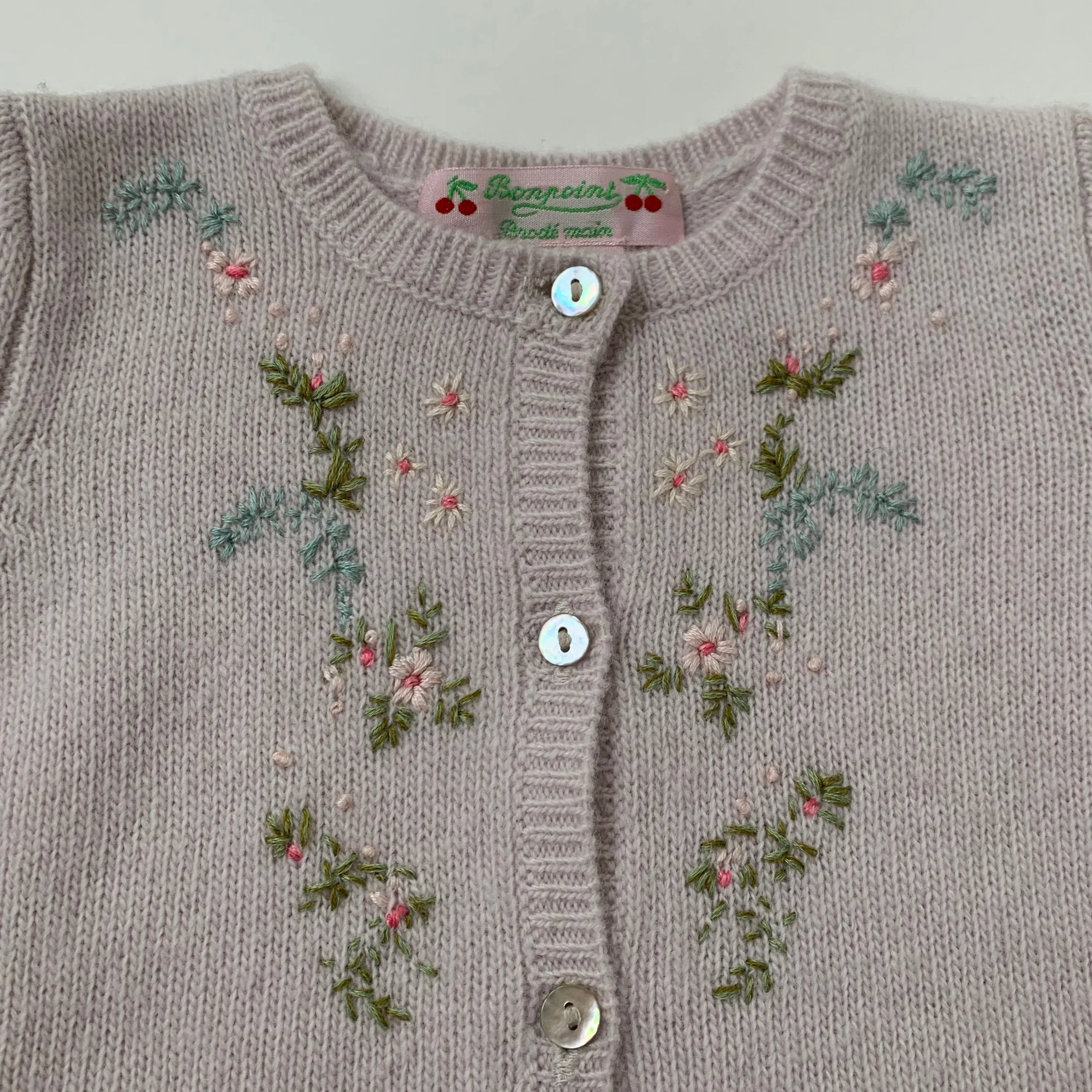 Bonpoint Pale Pink Wool Cardigan With Floral Motif: 12 Months