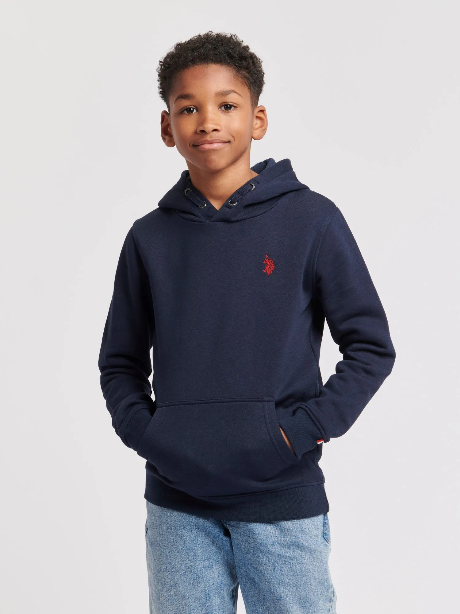 Boys Double Horsemen Brush Back Hoodie in Dark Sapphire Navy / Haute Red DHM