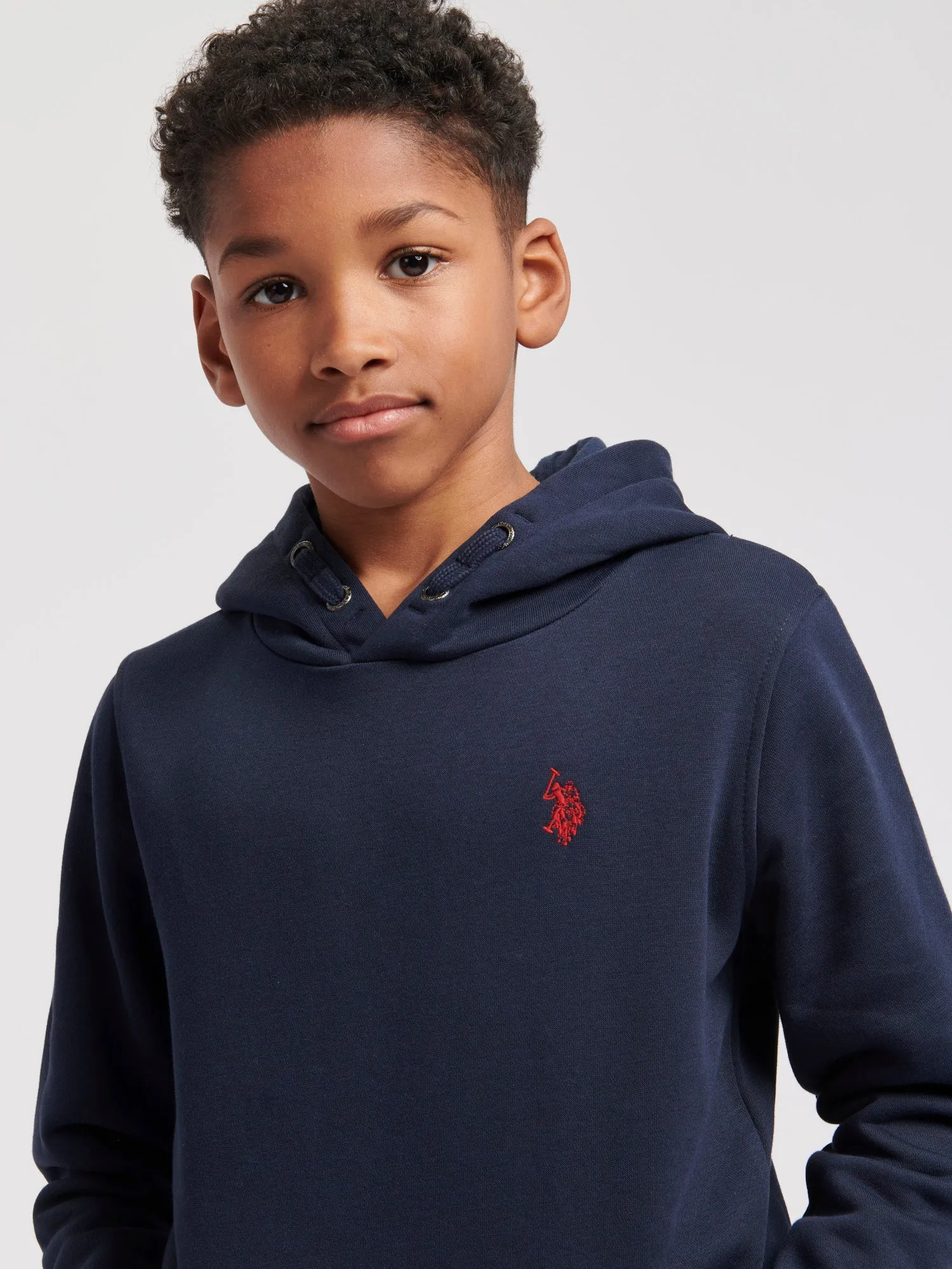 Boys Double Horsemen Brush Back Hoodie in Dark Sapphire Navy / Haute Red DHM