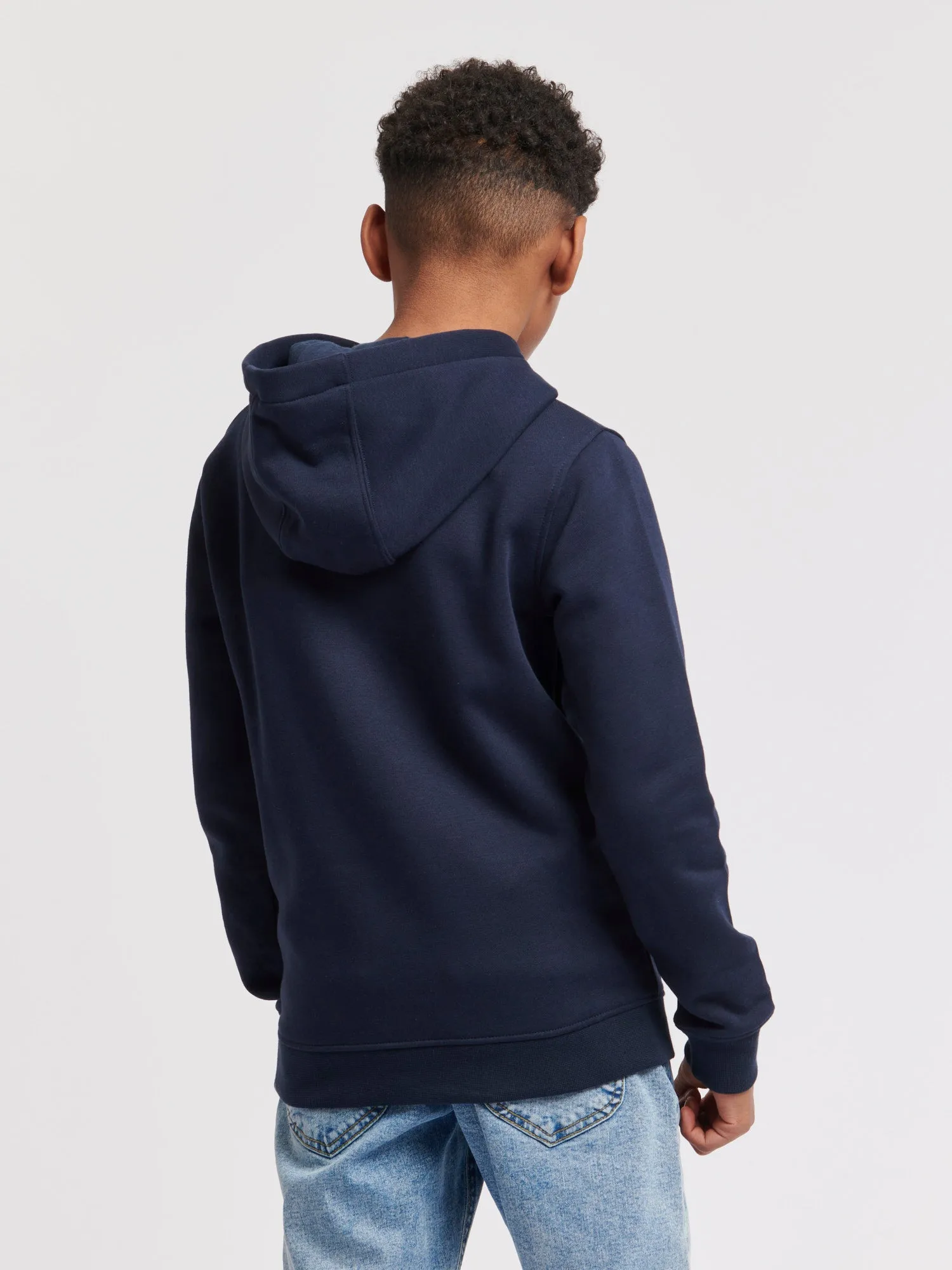 Boys Double Horsemen Brush Back Hoodie in Dark Sapphire Navy / Haute Red DHM