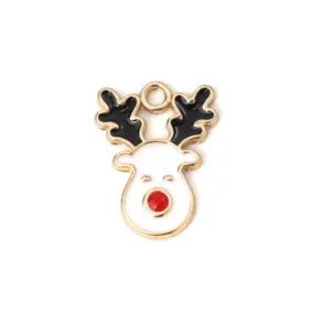 Charms, Christmas, Reindeer, Light Gold Plated, White, Red, Black, Enameled, 17mm