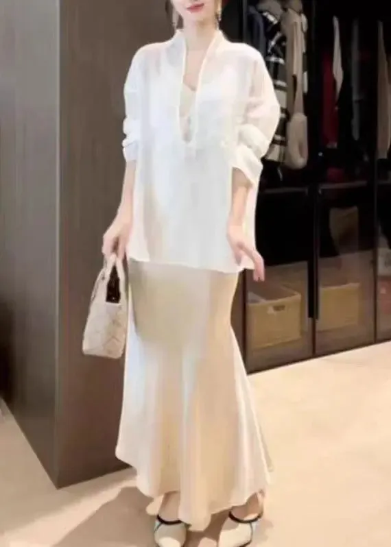 Chic White Top And Skirts Silk Two Piece Suit Set Spring HA1002