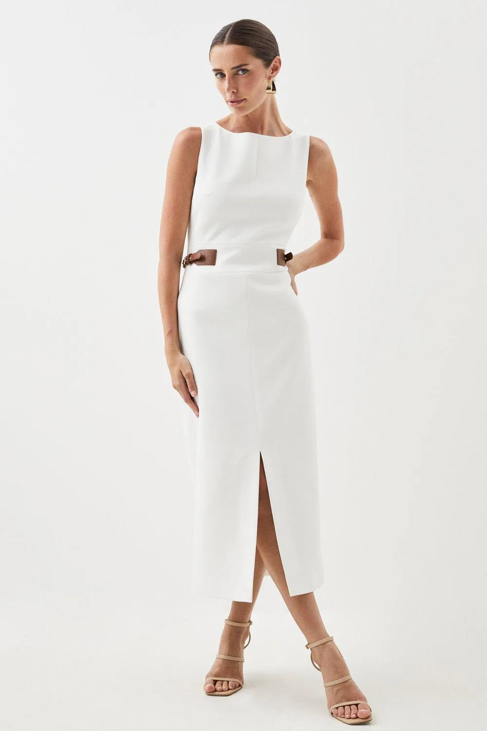 Compact Stretch Pu Tab Detail Midi Dress | Karen Millen