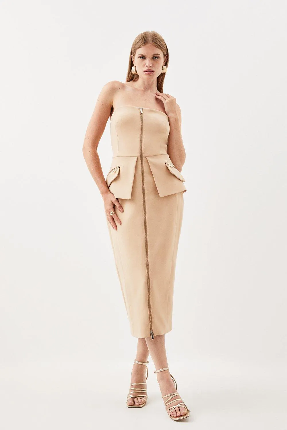 Compact Stretch Zip Pocket Detail Tailored Midi Dress | Karen Millen