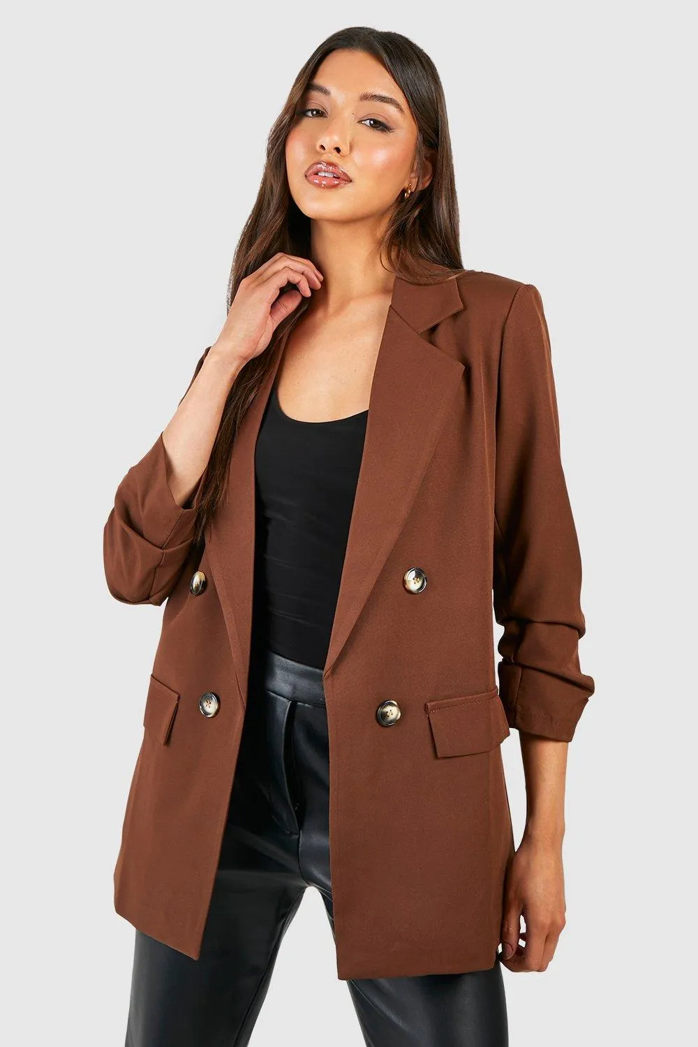 Double Breasted Mock Horn Ruched Sleeve Blazer