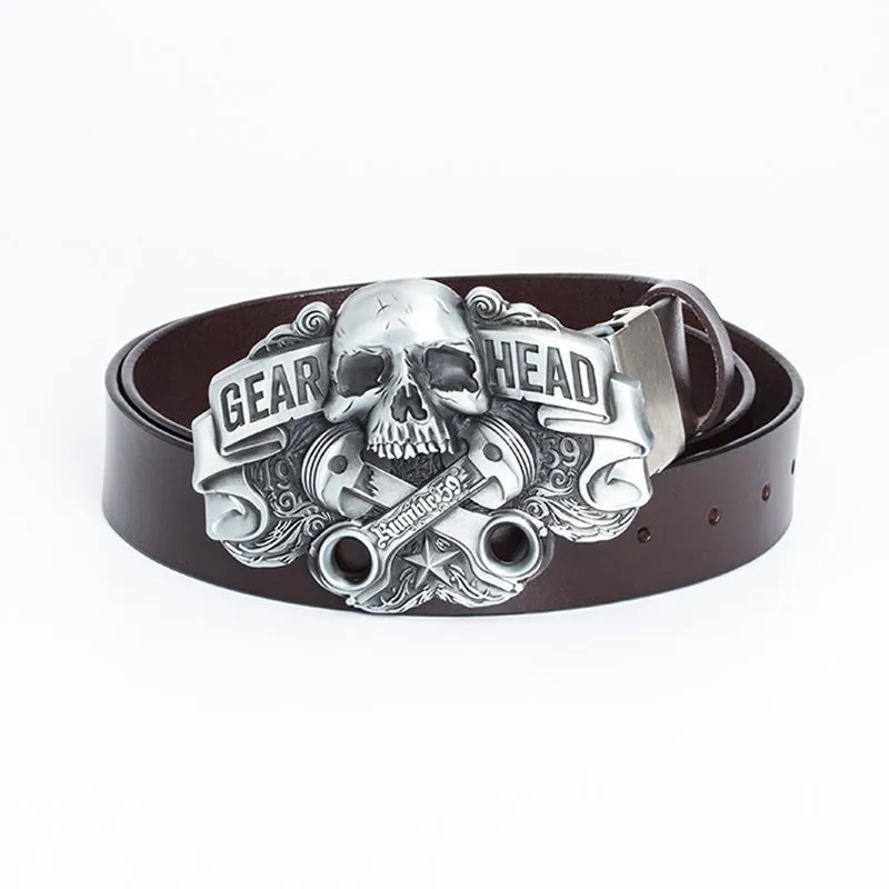 Engraved Belt for Men Casual Jeans Adjustable Belt Gift for Boyfriend Husband Leather Belt Jean Waistband Skull Buckle