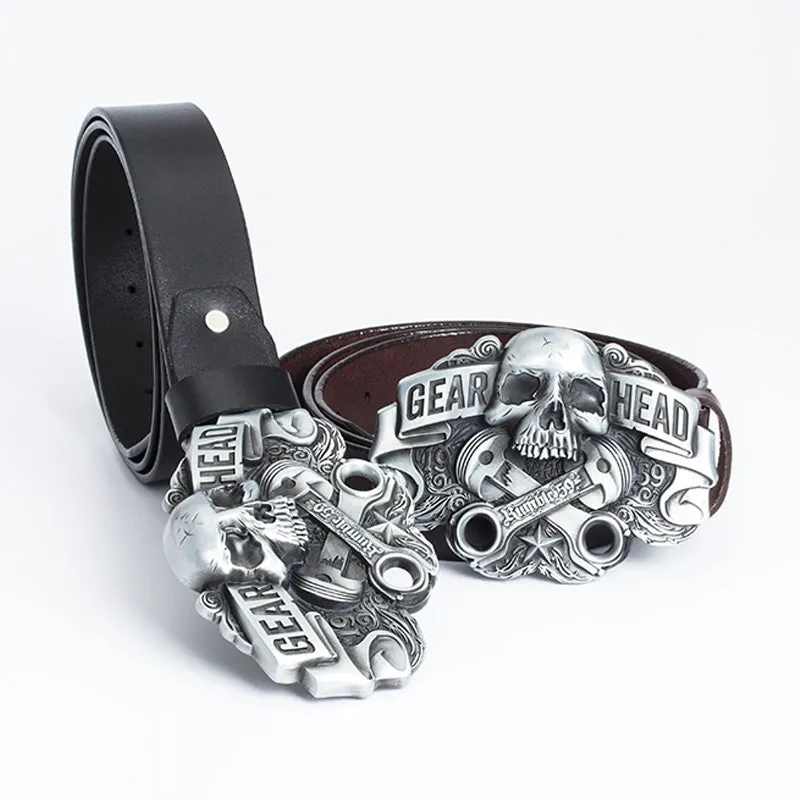 Engraved Belt for Men Casual Jeans Adjustable Belt Gift for Boyfriend Husband Leather Belt Jean Waistband Skull Buckle