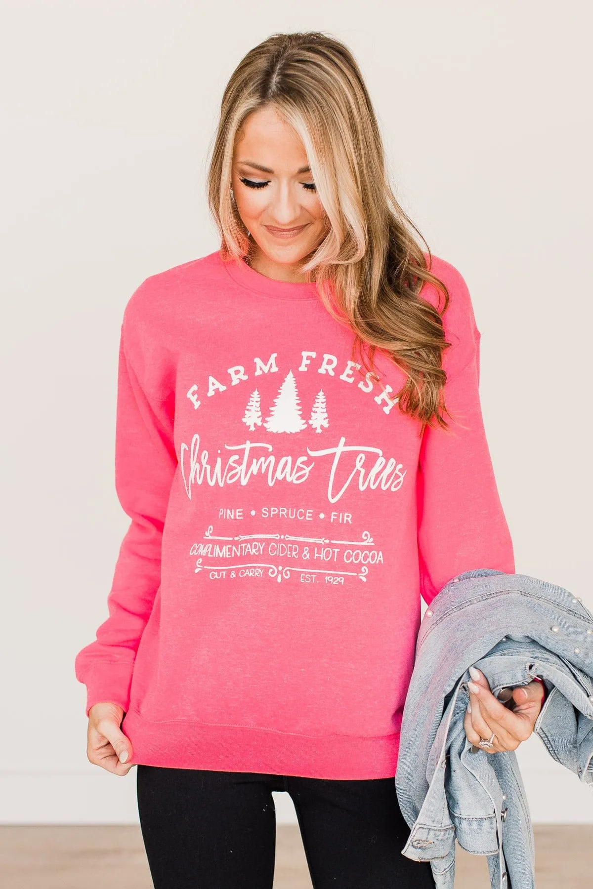 Farm Fresh Christmas Trees Graphic Crewneck- Neon Pink