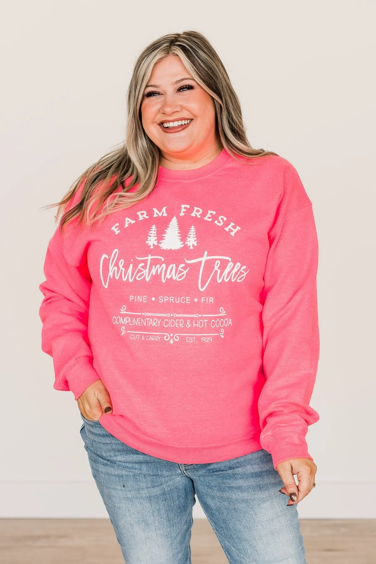 Farm Fresh Christmas Trees Graphic Crewneck- Neon Pink