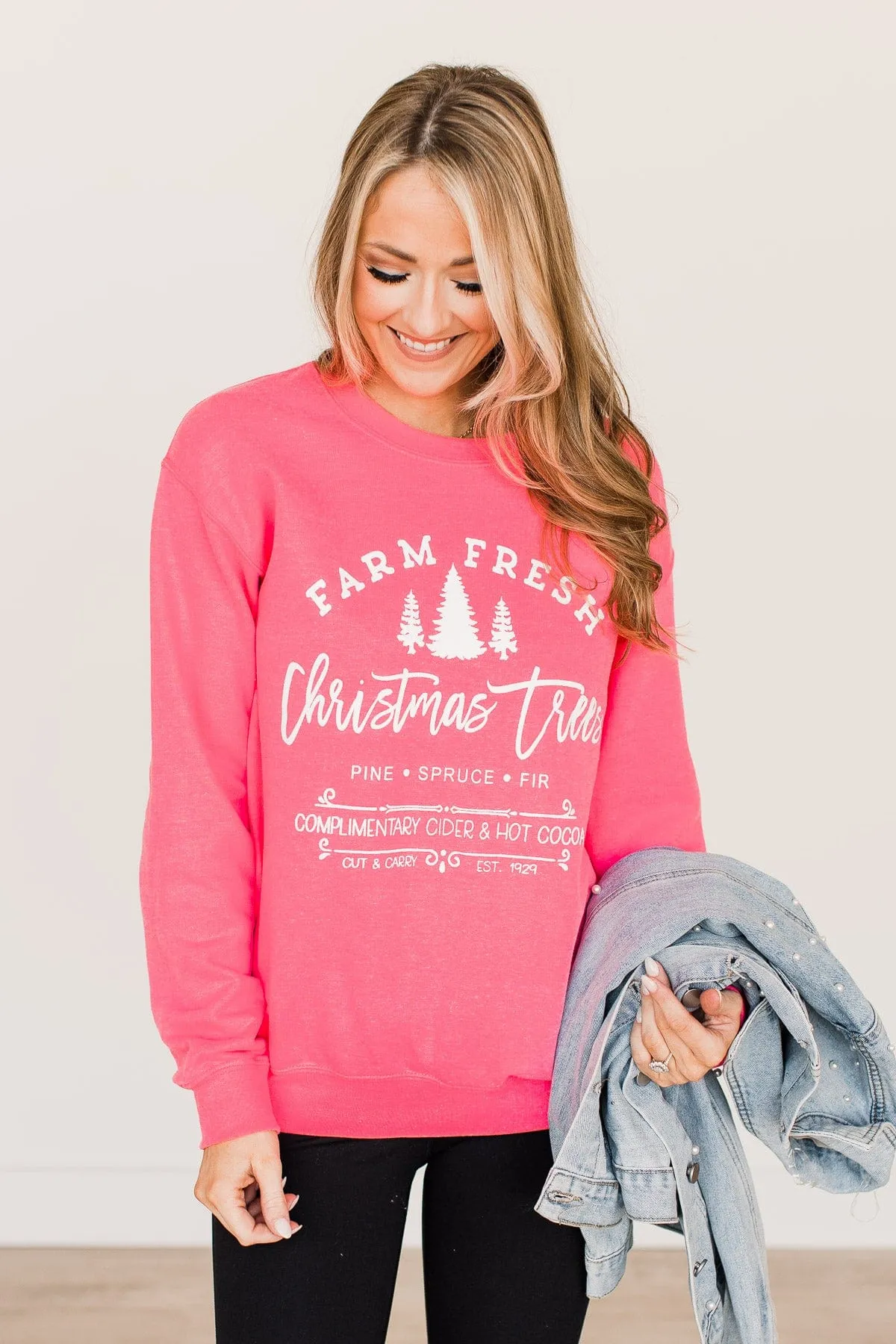 Farm Fresh Christmas Trees Graphic Crewneck- Neon Pink