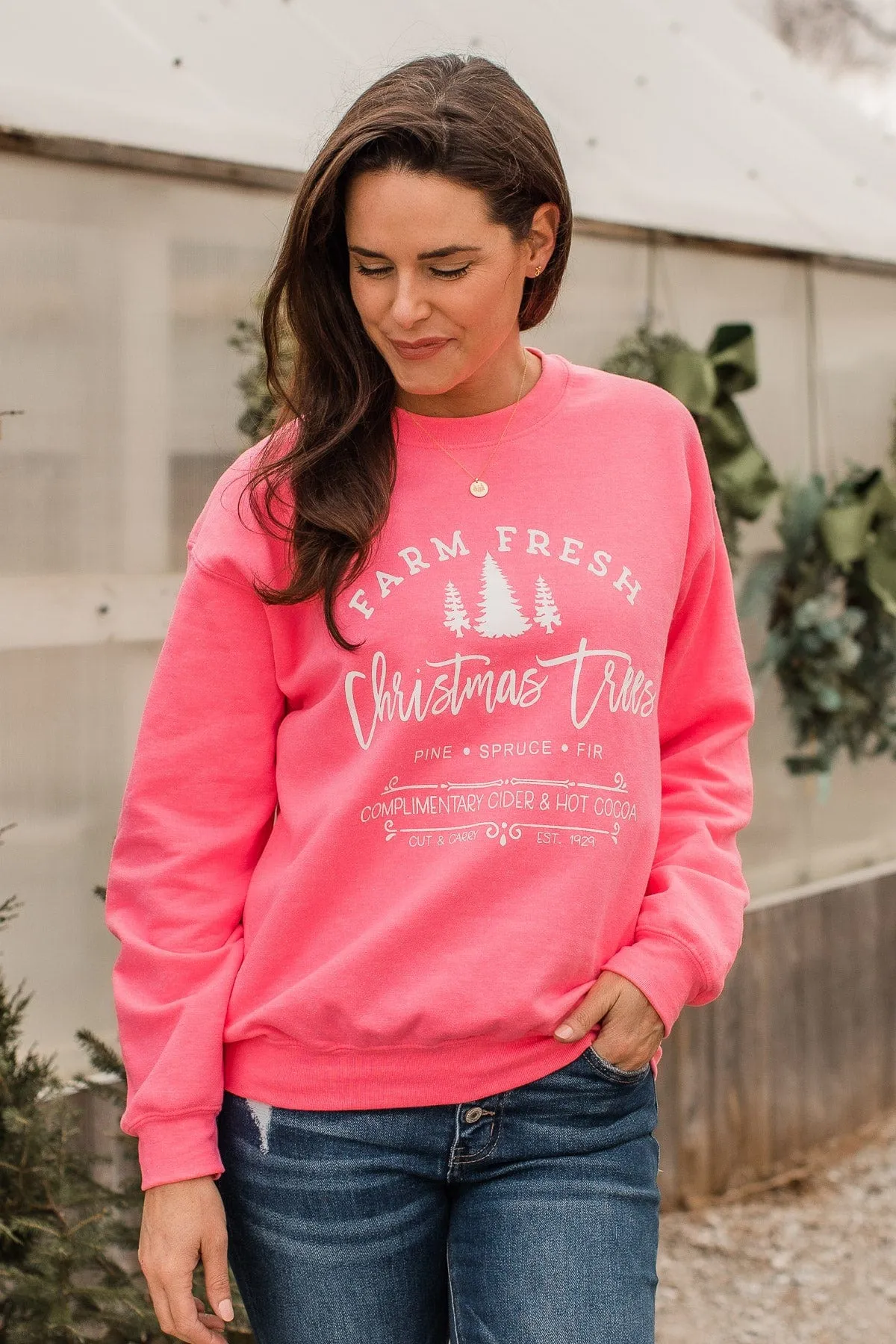 Farm Fresh Christmas Trees Graphic Crewneck- Neon Pink