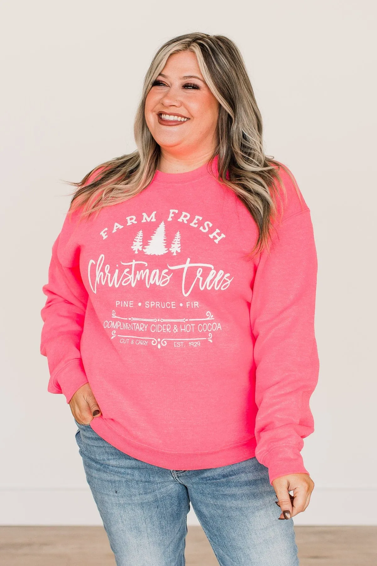 Farm Fresh Christmas Trees Graphic Crewneck- Neon Pink