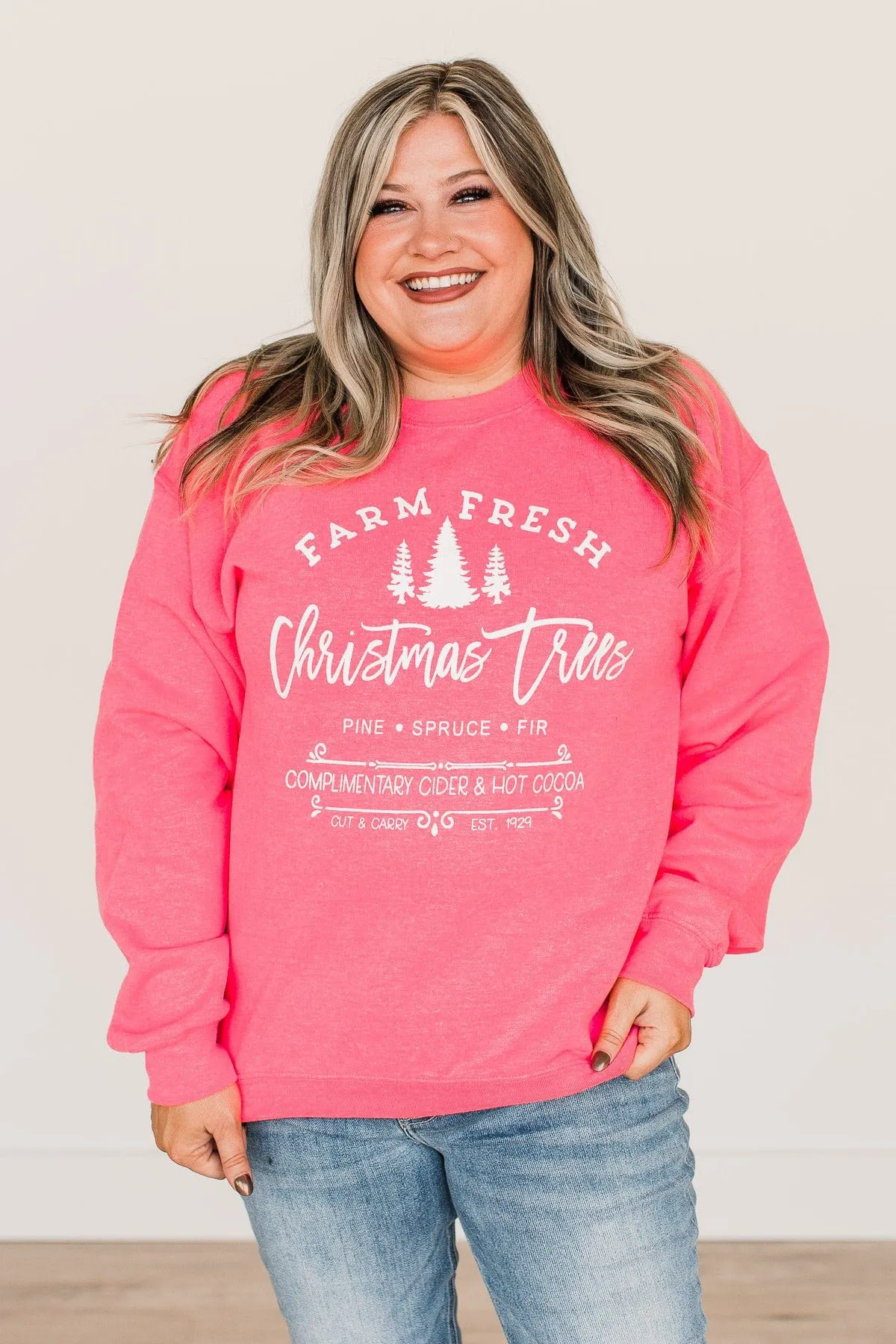 Farm Fresh Christmas Trees Graphic Crewneck- Neon Pink