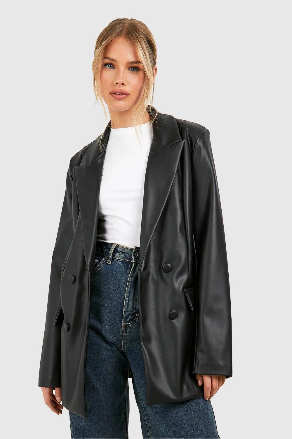 Faux Leather Double Breasted Relaxed Fit Blazer