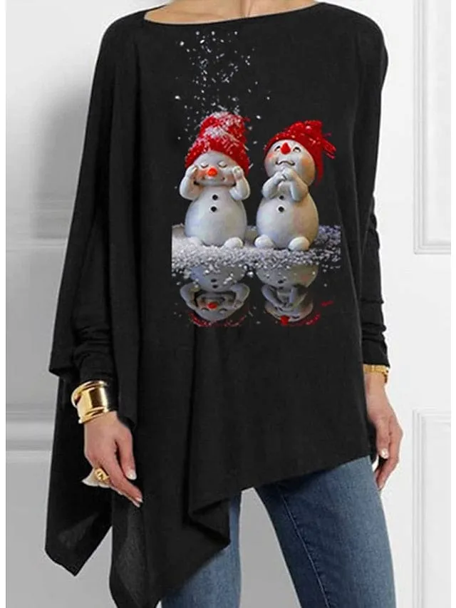 Festive Snowman and Snowflake Print Women's Christmas Blouse