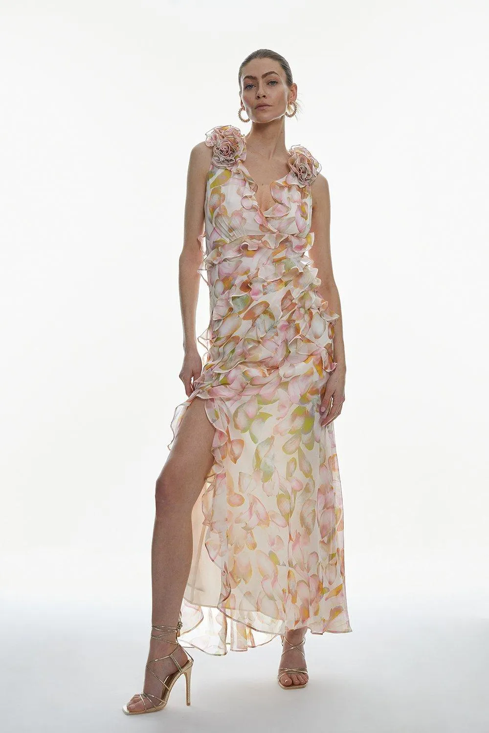 Floral Chiffon Corsage Ruffle Slip Maxi Dress | Karen Millen