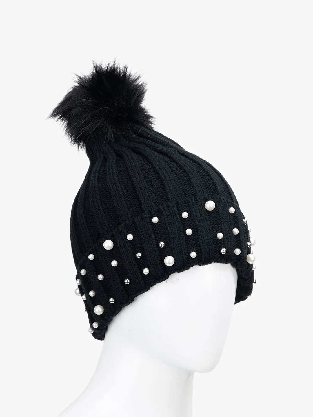 Fur Pom Pom Beanie With Beads