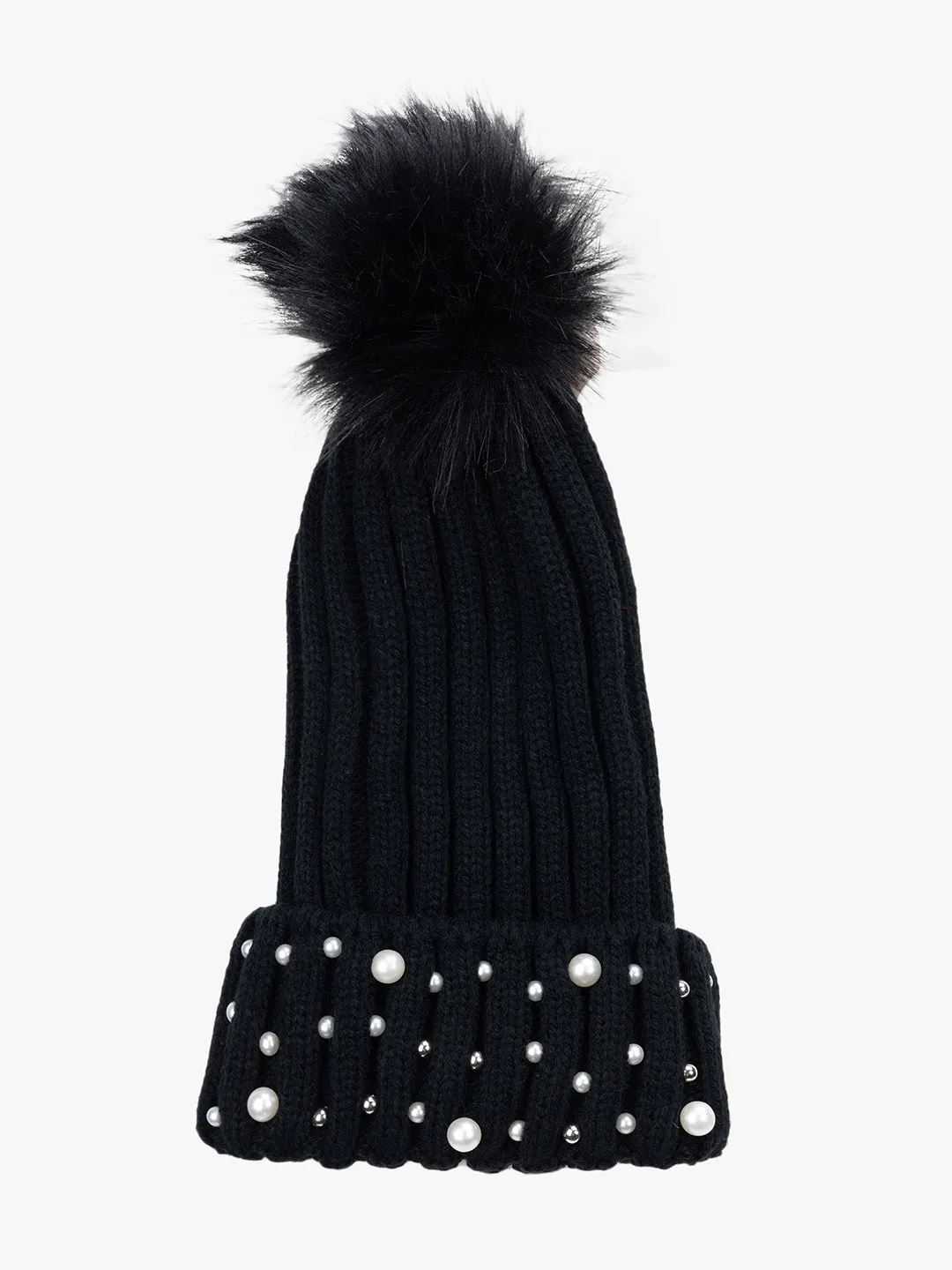 Fur Pom Pom Beanie With Beads