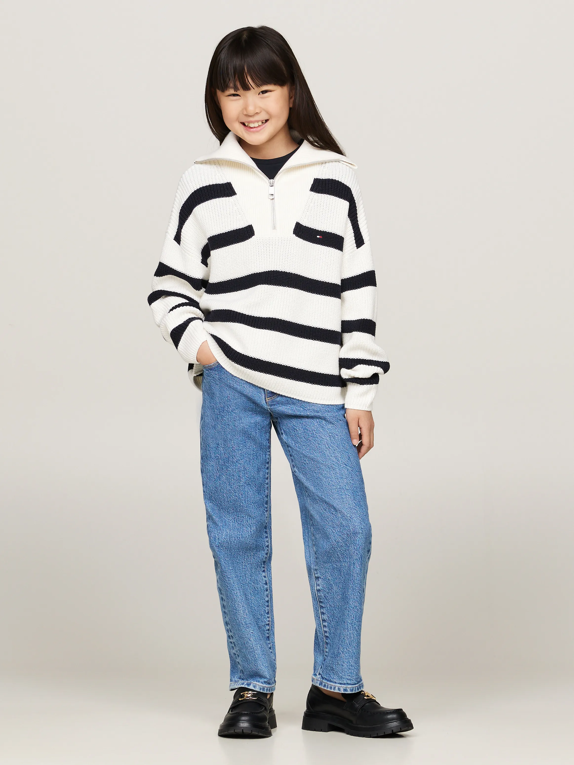 Girls 8-16 Stripe Half-Zip High Neck Boxy Jumper | Knitwear | Tommy Kids