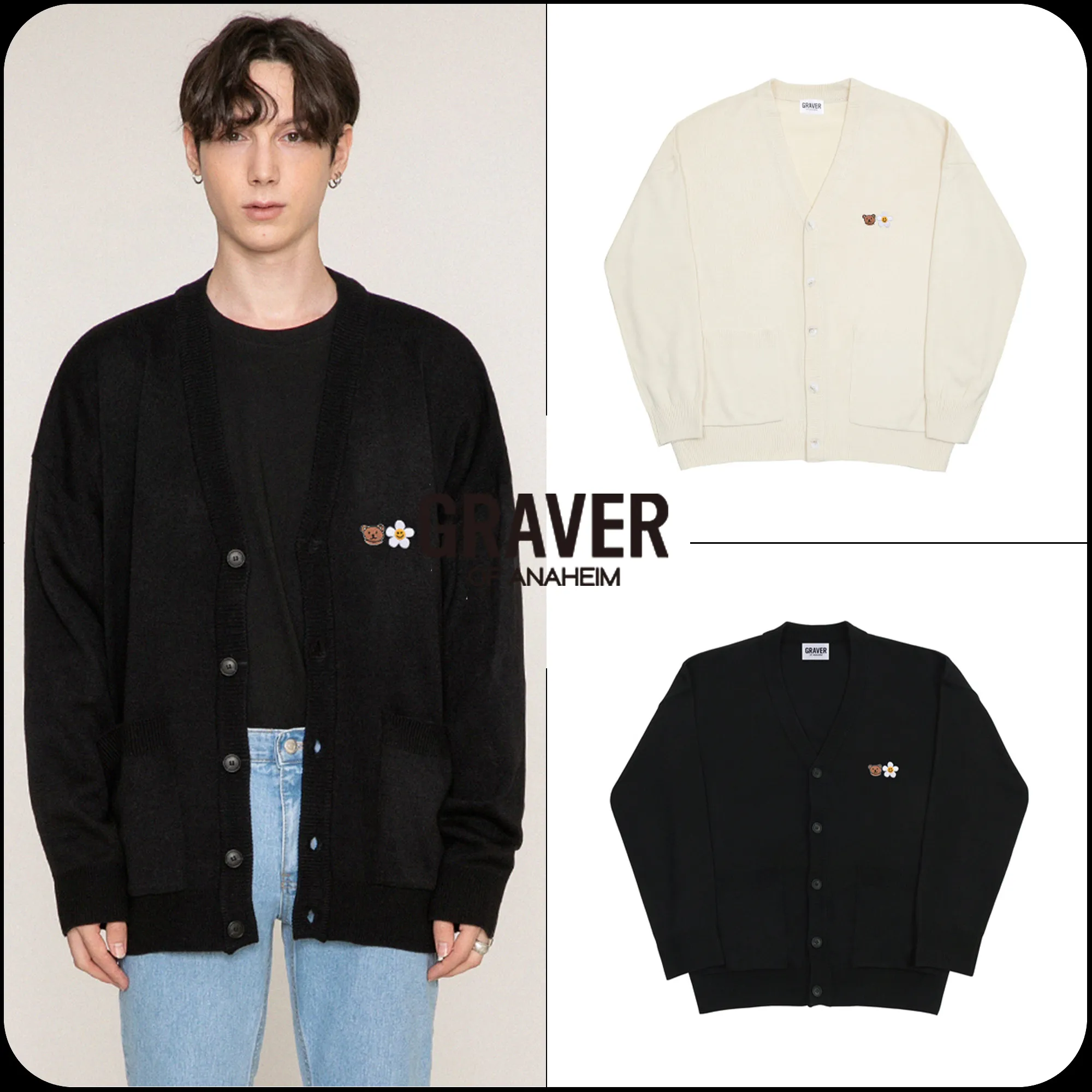 GRAVER  |[GRAVER]★SMALL FLOWER BEAR FACE EMBROIDERY KNIT CARDIGAN