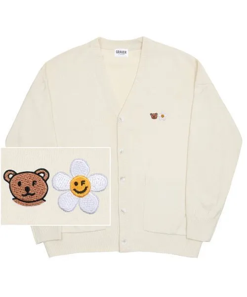 GRAVER  |[GRAVER]★SMALL FLOWER BEAR FACE EMBROIDERY KNIT CARDIGAN