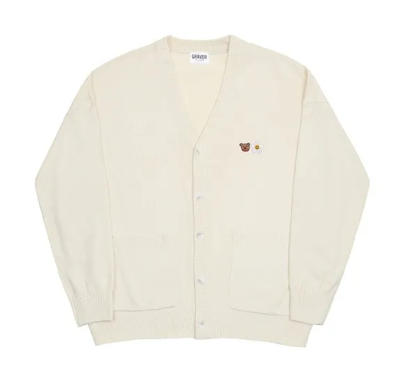 GRAVER  |[GRAVER]★SMALL FLOWER BEAR FACE EMBROIDERY KNIT CARDIGAN