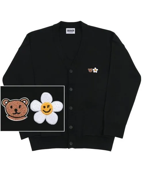 GRAVER  |[GRAVER]★SMALL FLOWER BEAR FACE EMBROIDERY KNIT CARDIGAN