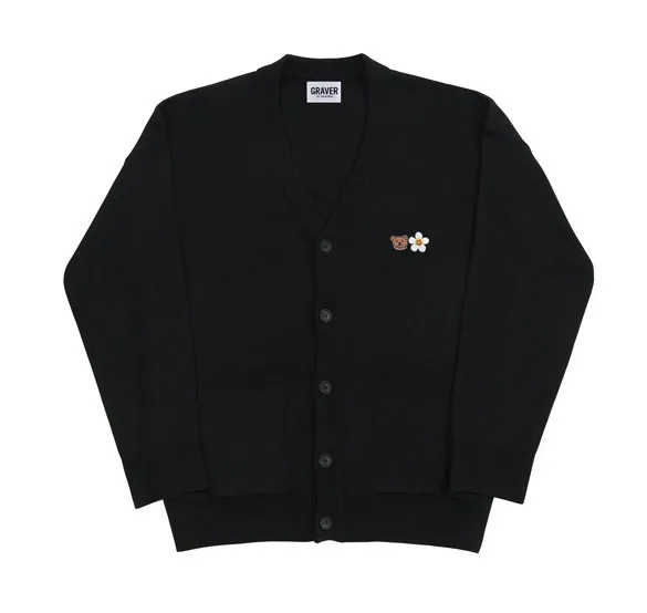 GRAVER  |[GRAVER]★SMALL FLOWER BEAR FACE EMBROIDERY KNIT CARDIGAN