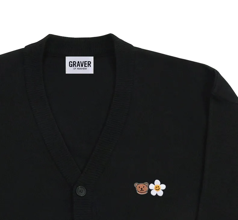 GRAVER  |[GRAVER]★SMALL FLOWER BEAR FACE EMBROIDERY KNIT CARDIGAN