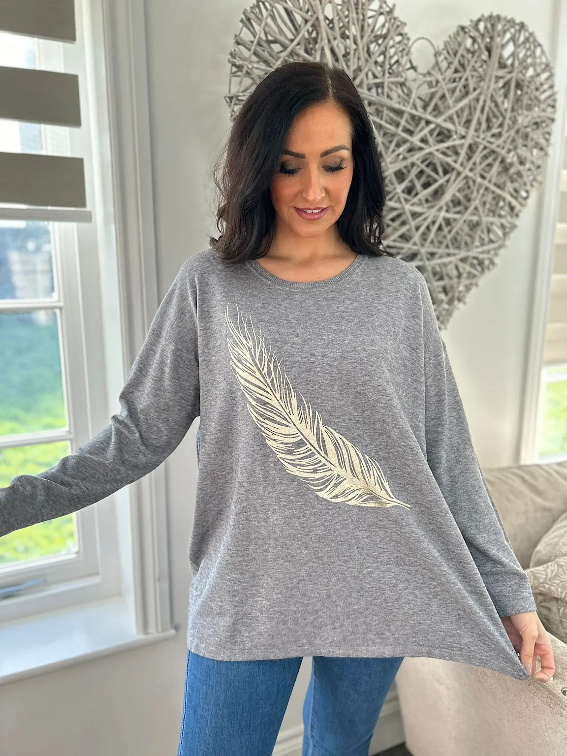 Grey Gold Feather Knit Kimmy