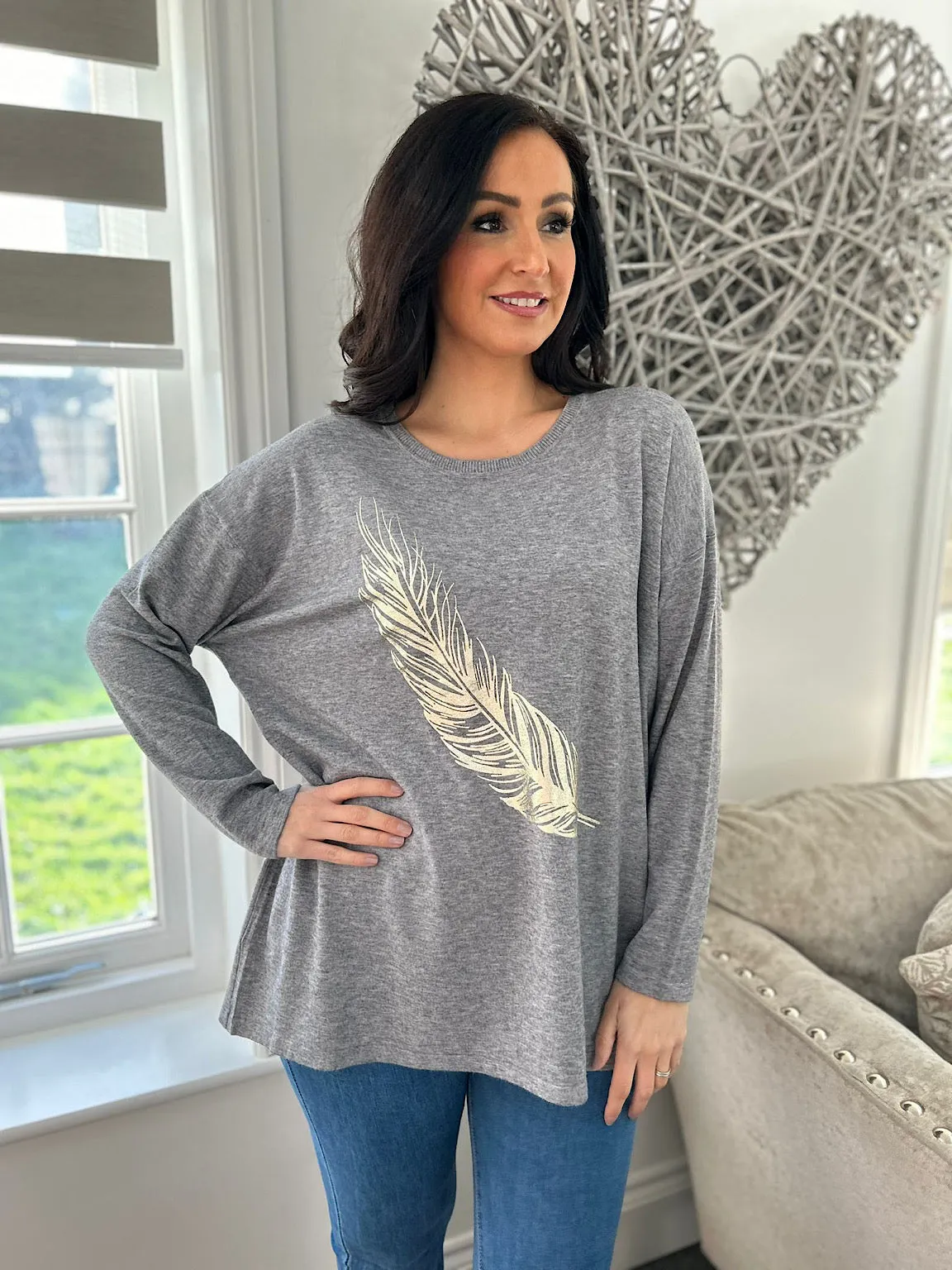 Grey Gold Feather Knit Kimmy