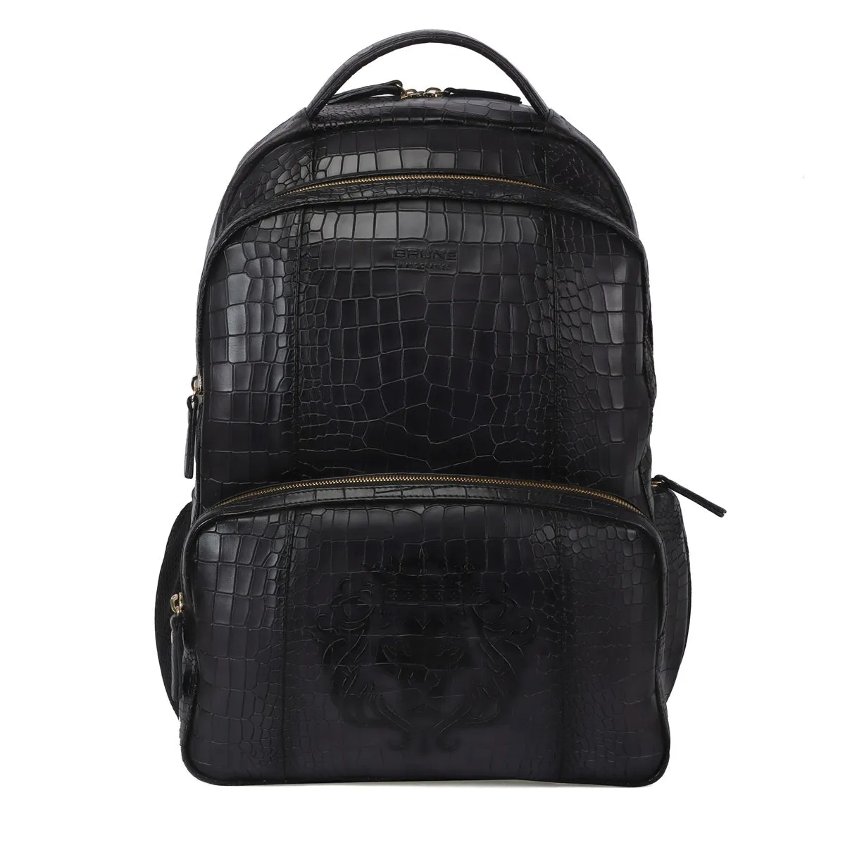 Grey Leather Backpack In Grey Croco Textured Leather