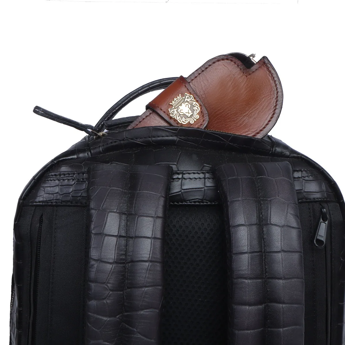 Grey Leather Backpack In Grey Croco Textured Leather