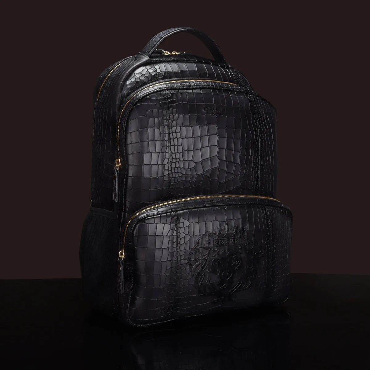 Grey Leather Backpack In Grey Croco Textured Leather