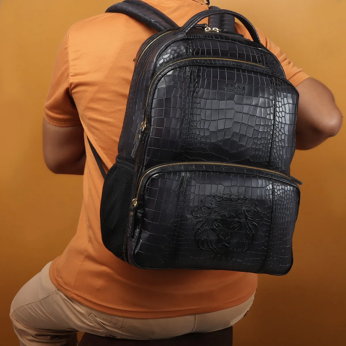 Grey Leather Backpack In Grey Croco Textured Leather