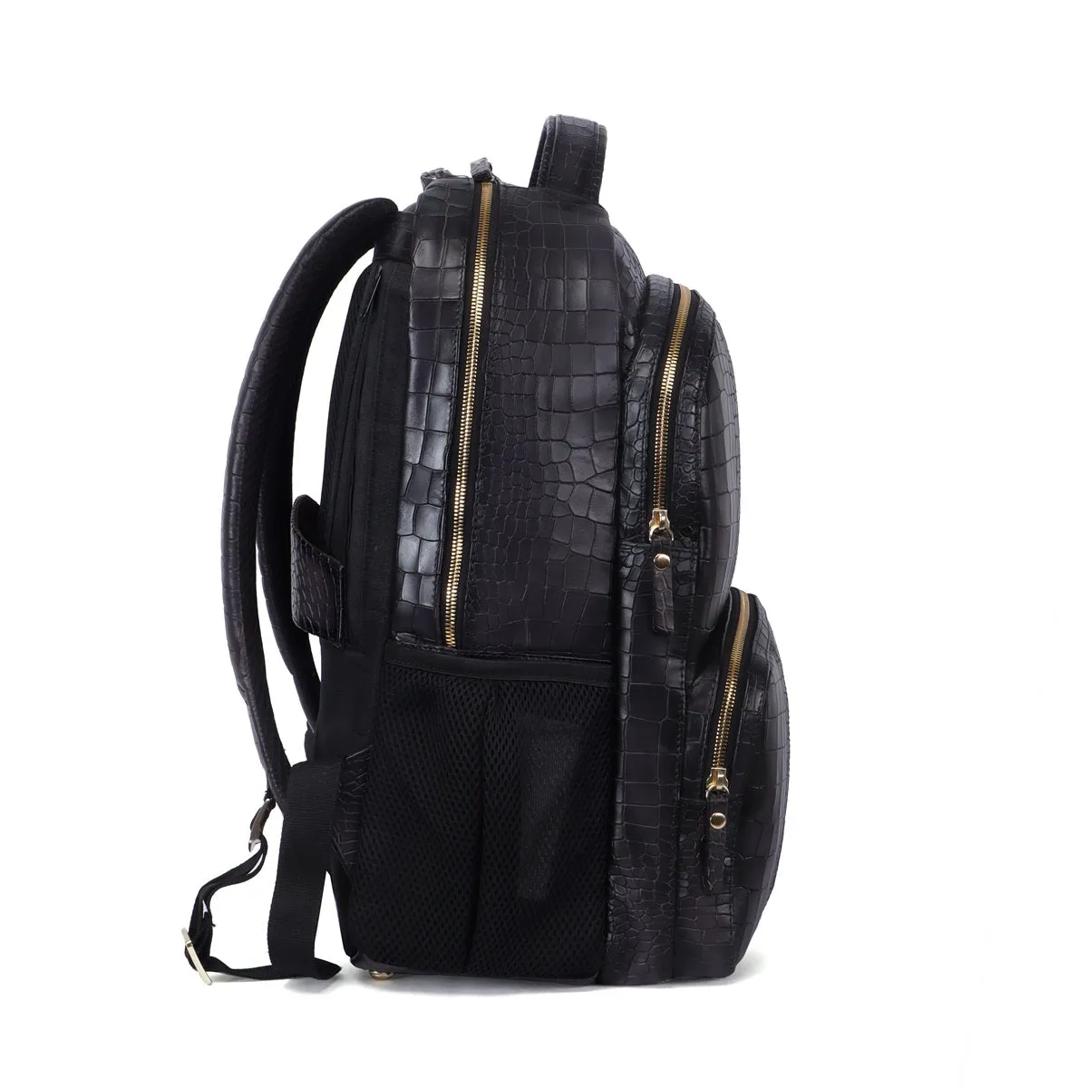 Grey Leather Backpack In Grey Croco Textured Leather