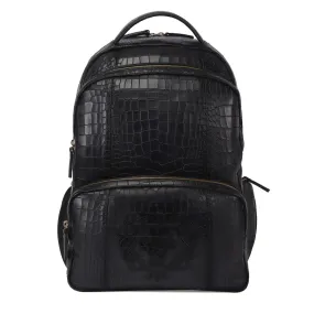 Grey Leather Backpack In Grey Croco Textured Leather