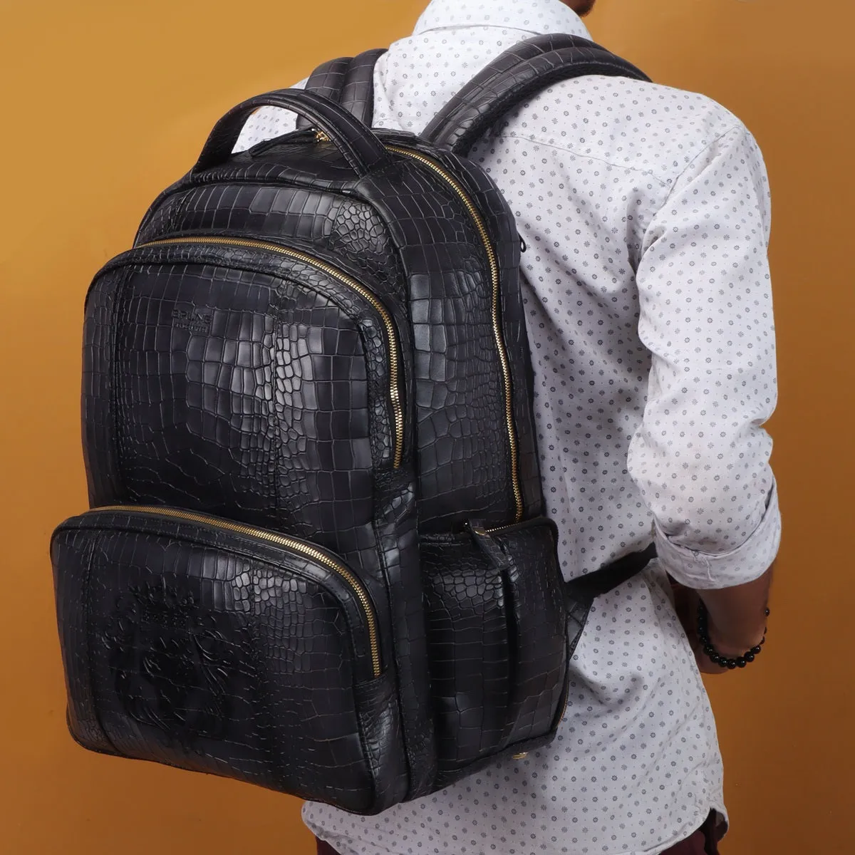 Grey Leather Backpack In Grey Croco Textured Leather